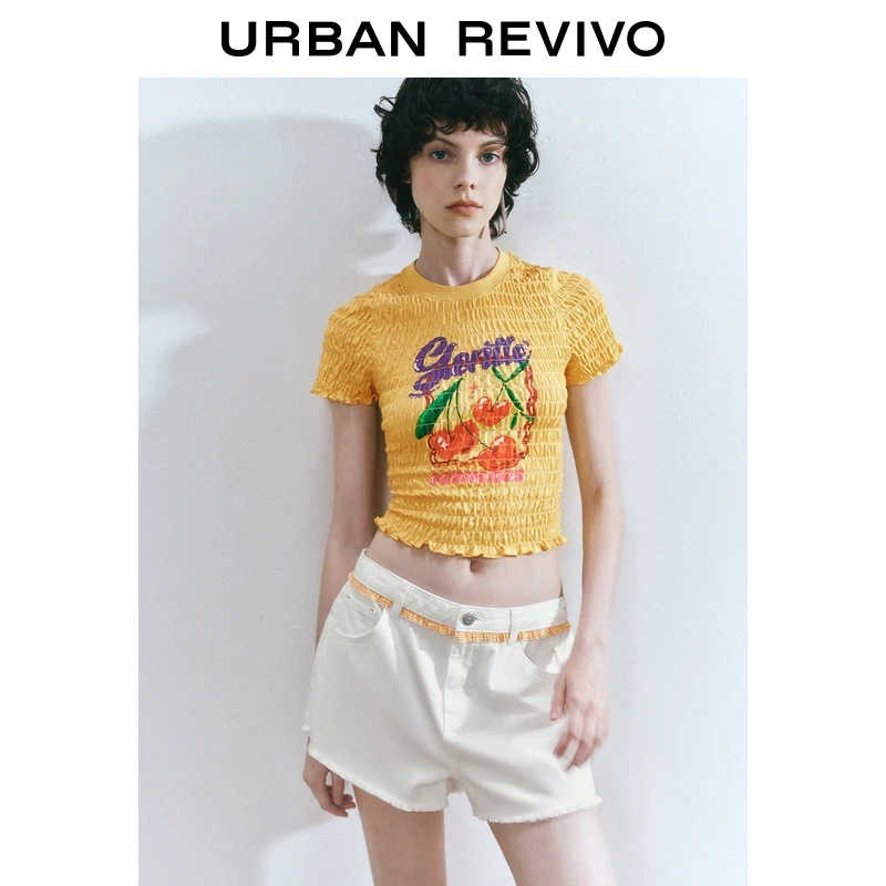 UR2025夏季新款女装波嬉风褶皱肌理撞色印花短袖T恤UYL450160