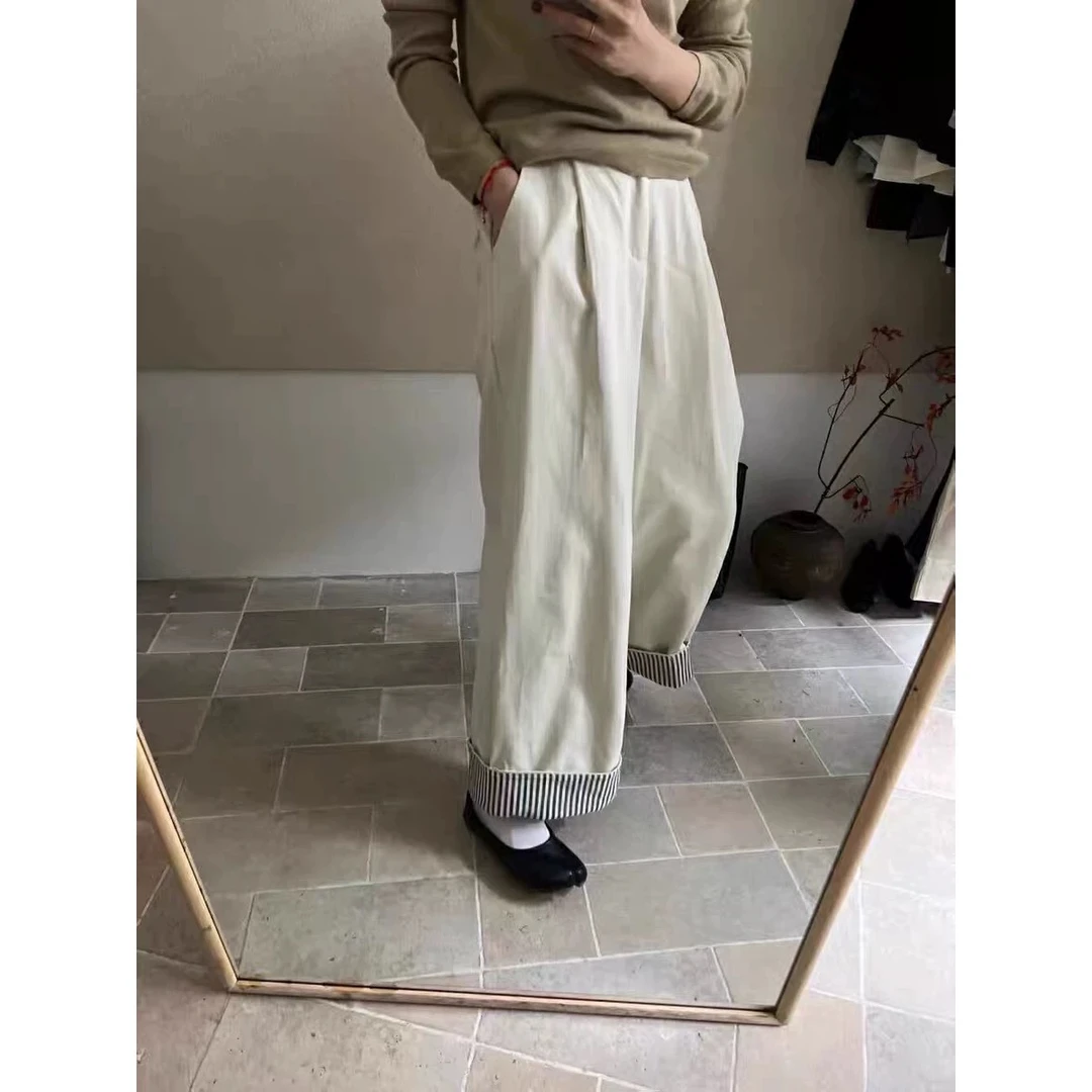 【长裤系列】条纹卷边设计感休闲裤韩系直筒洋气百搭阔腿裤