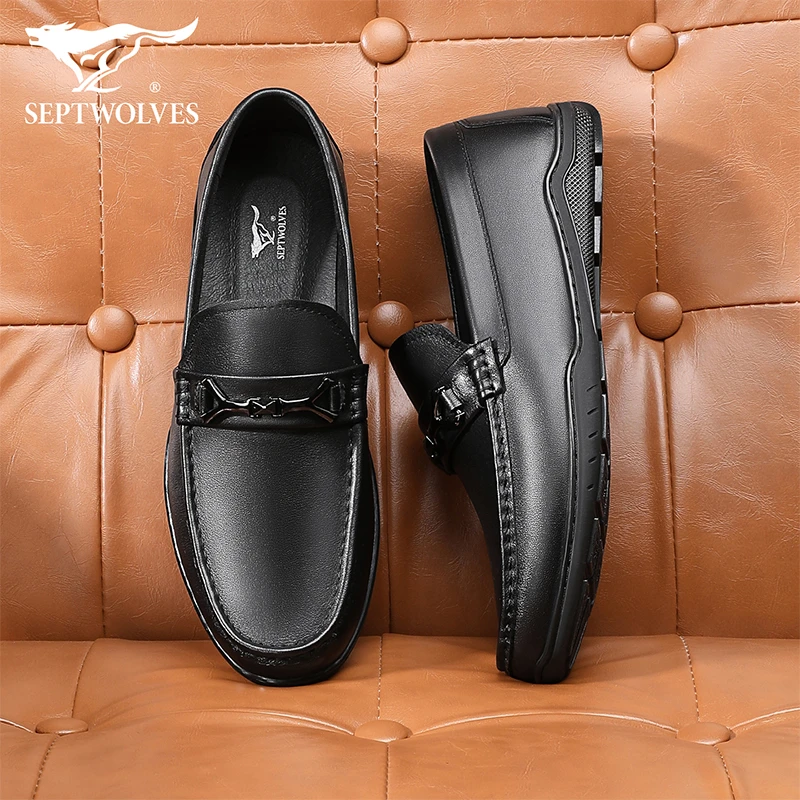 七匹狼男士新款一脚蹬休闲皮鞋软皮软底豆豆鞋潮流金属百搭乐福鞋