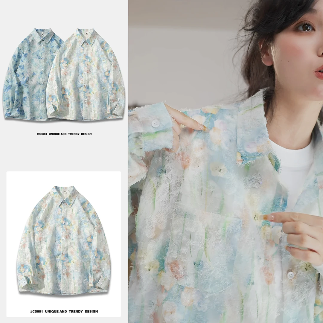 潮流休闲情侣长袖蓝色氛围感港风衬衫碎花衬衣尖领宽松扎染衬衣