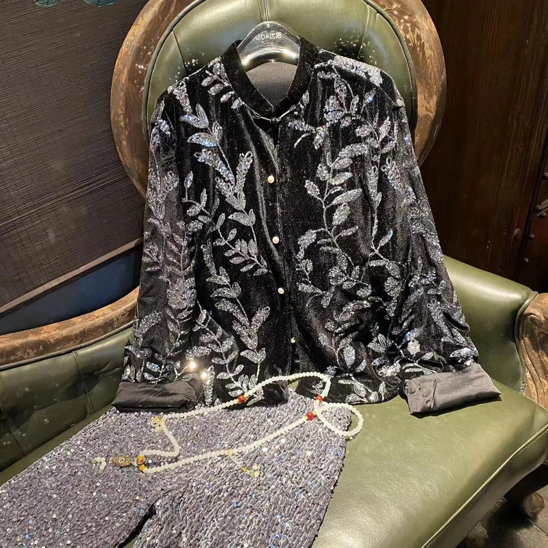 【优搭严选】时尚百搭设计款重工亮片丝绒立领2025新品外套W201