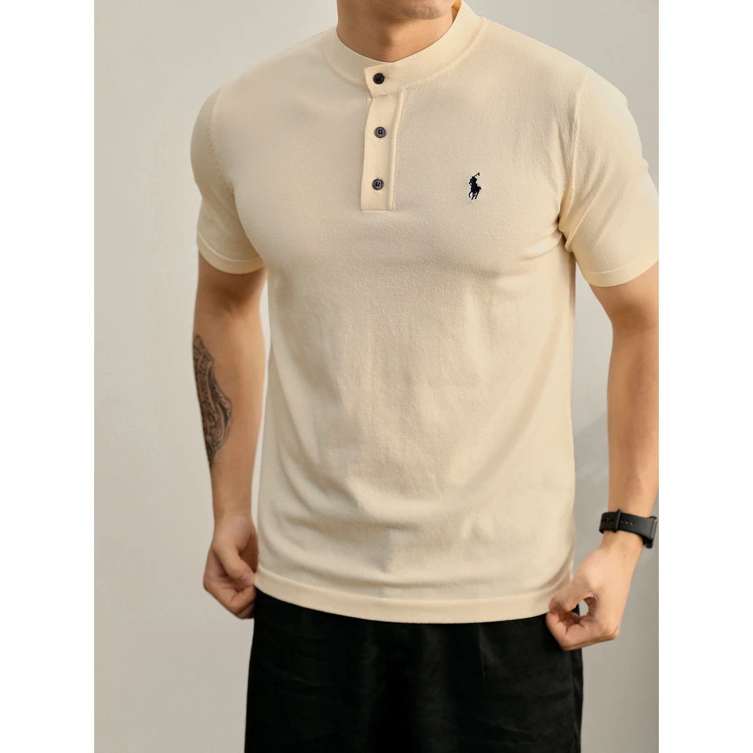 奥兰德保罗骑士刺绣亨利领短袖T恤男夏透气冰爽丝轻奢休闲针织衫