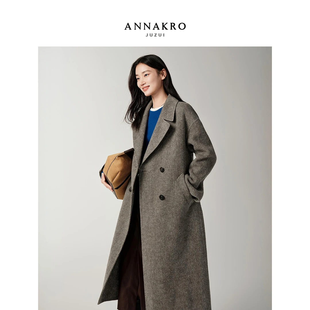 【婷婷专属】玖姿·安娜蔻KWFD72117长款羊毛双面呢大衣女2025冬新