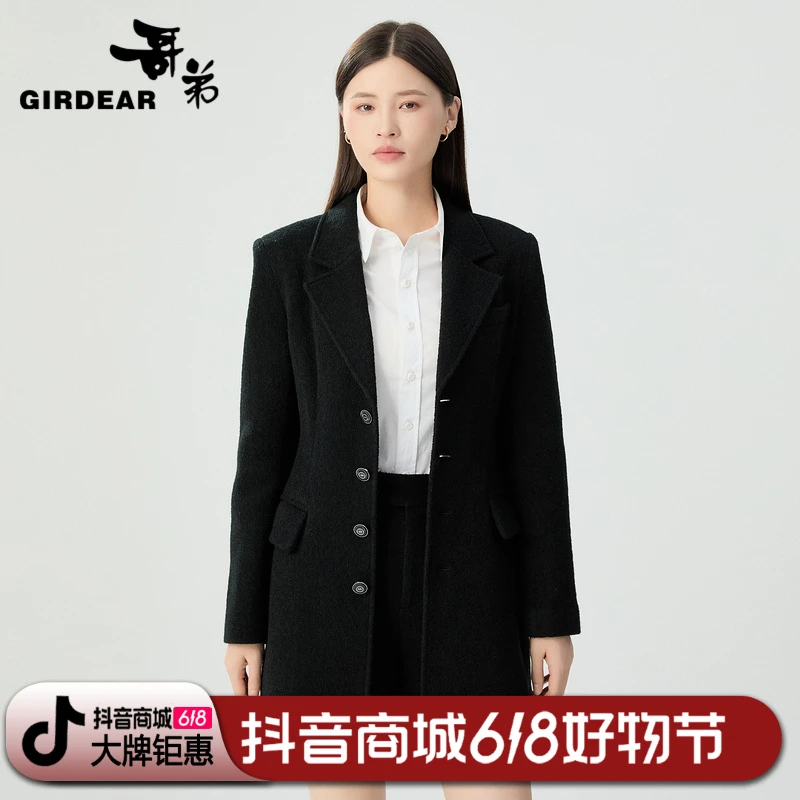 哥弟 修身中长收腰西装式毛呢外套时尚休闲黑色宽松秋冬冬季大衣