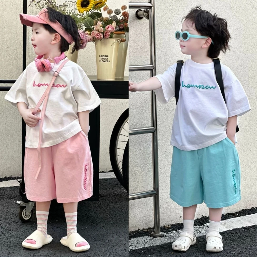 男童套装2025夏季新款儿童韩版洋气字母刺绣撞色短袖短裤两件套潮