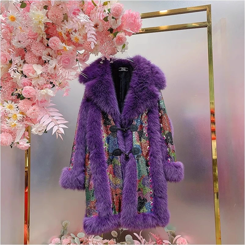 A855欧美设计师2025早春新款重工彩色亮片拼接毛毛钉钻大衣外套女