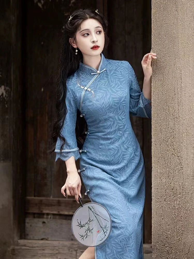 603-【戏珠】蓝色 春款 蕾丝袖 改良 旗袍