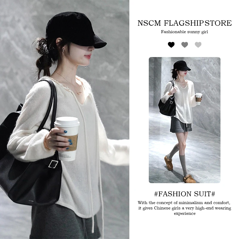 NSCM早秋新款清冷系衣服韩系宽松显瘦v领长袖针织衫气质直筒短裤