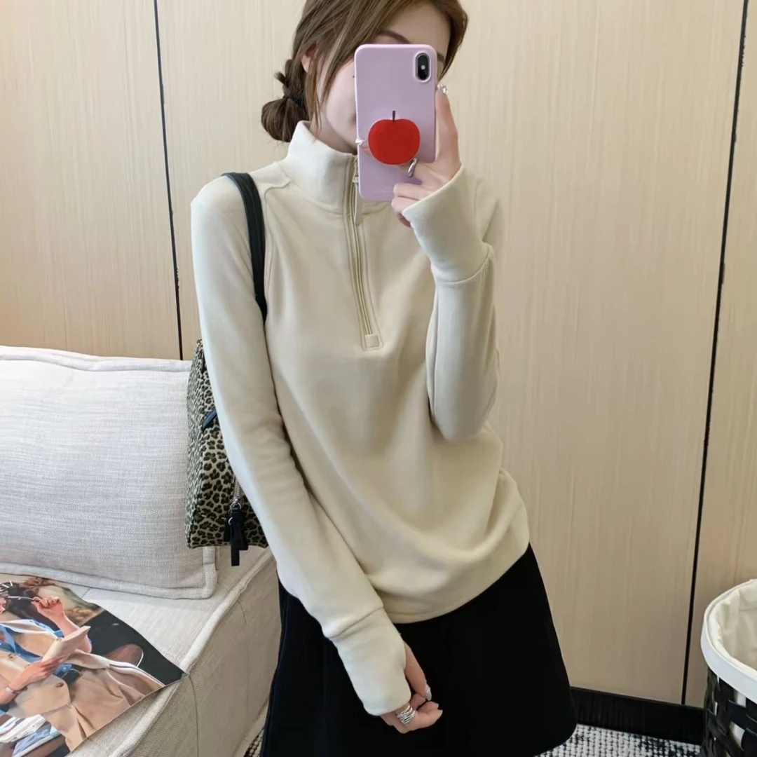 大码德绒自发热锁温半拉链打底衫女秋冬修身百搭立领显瘦纯色上衣