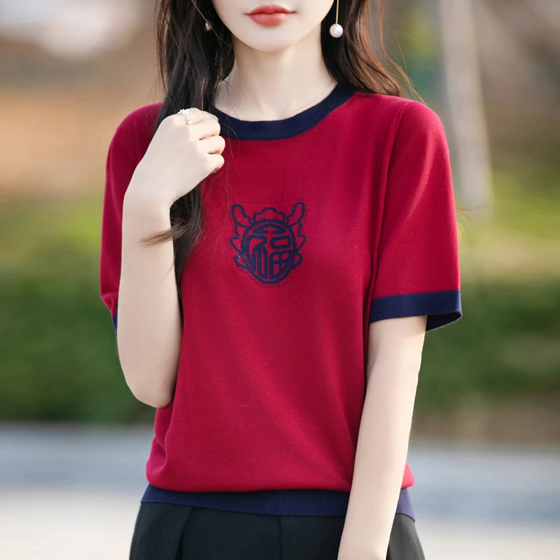 夏季上新100莱赛尔天丝女圆领拼色提花小福字减龄时尚针织衫短袖