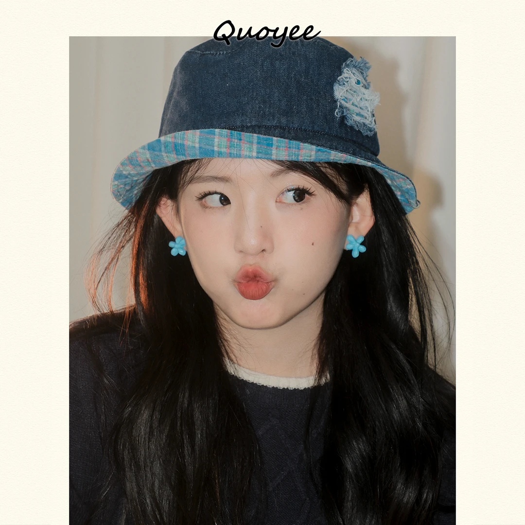 Quoyee 夏季遮阳双面戴渔夫帽 蓝色格子帽YS25