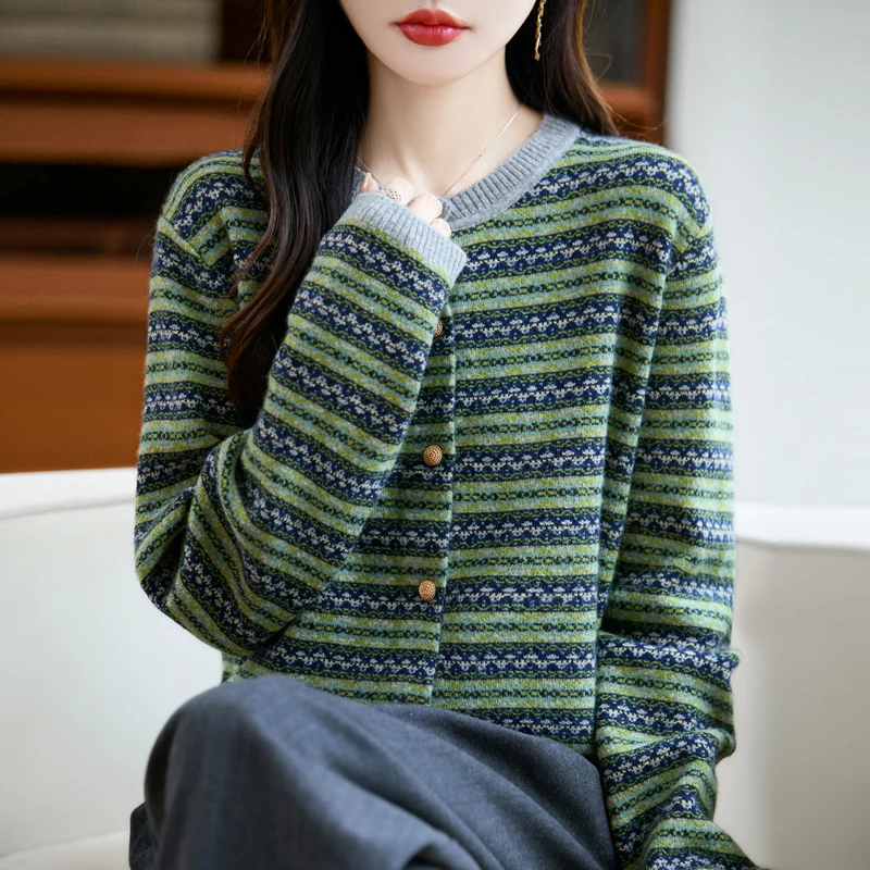 哥弟阿玛施正品秋冬新款韩版时尚圆领条纹针织开衫女宽松百搭外套