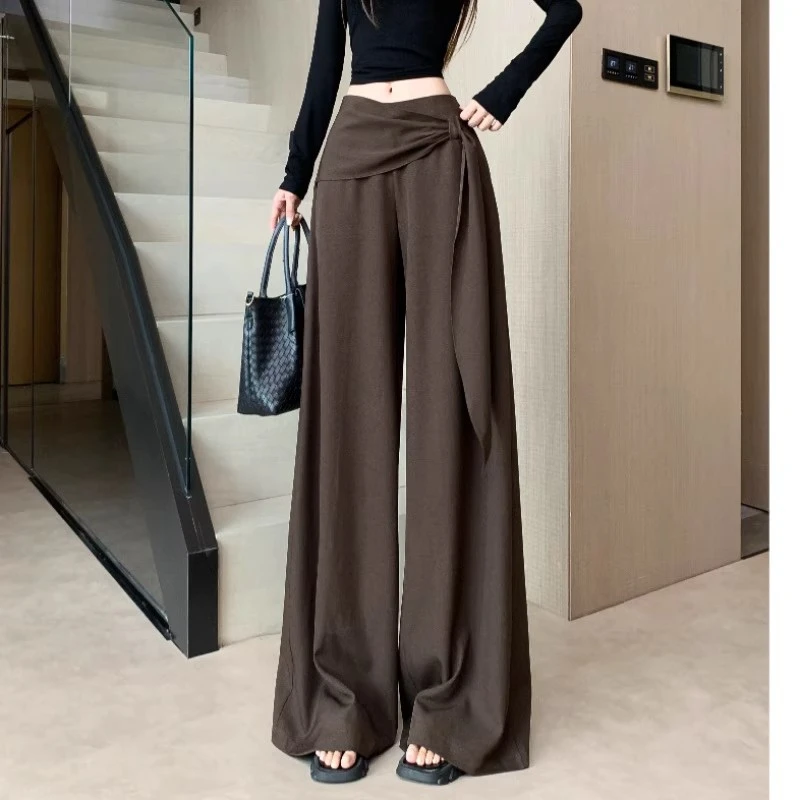 咖色阔腿裤女秋季设计感系带高腰裤显瘦百搭垂坠感直筒拖地休闲裤