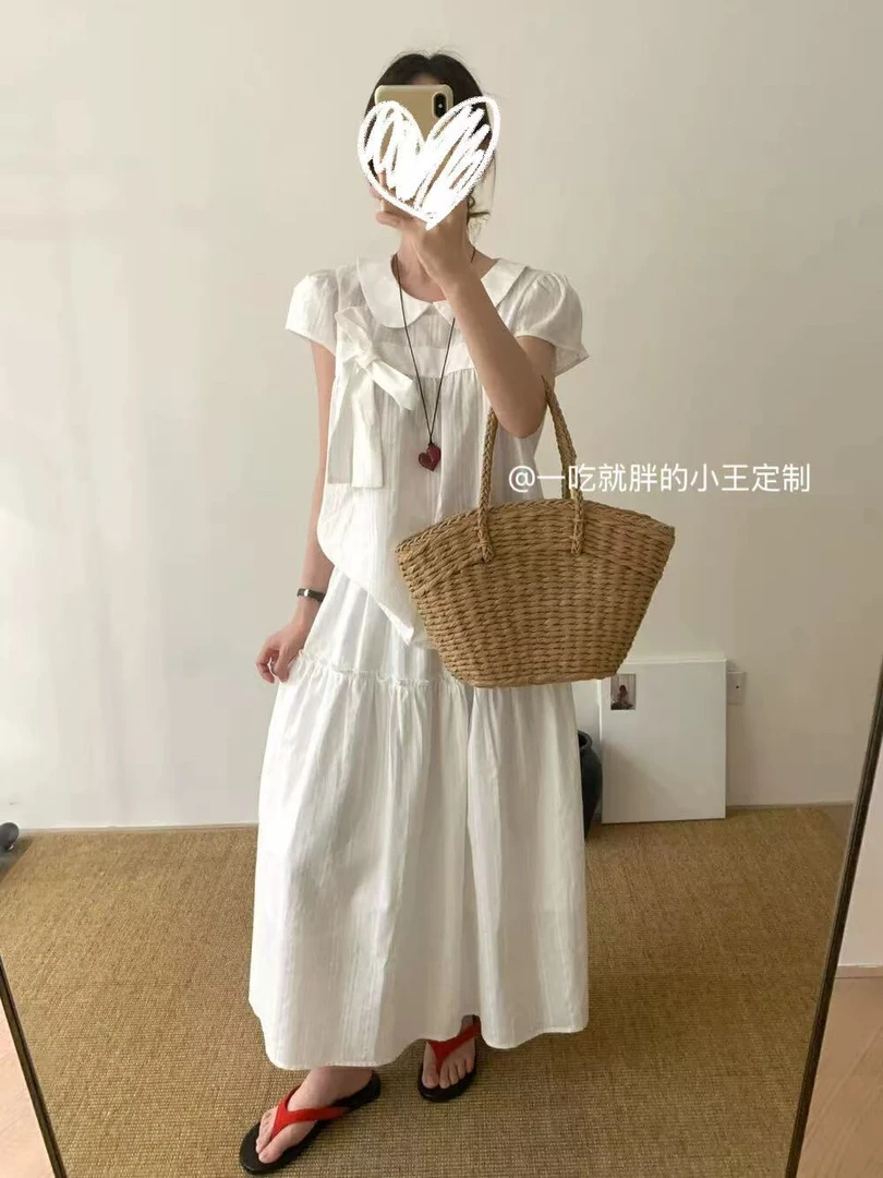【小王家】韩系设计感娃娃短袖衬衫半身裙两件套胖MM夏季减龄显瘦