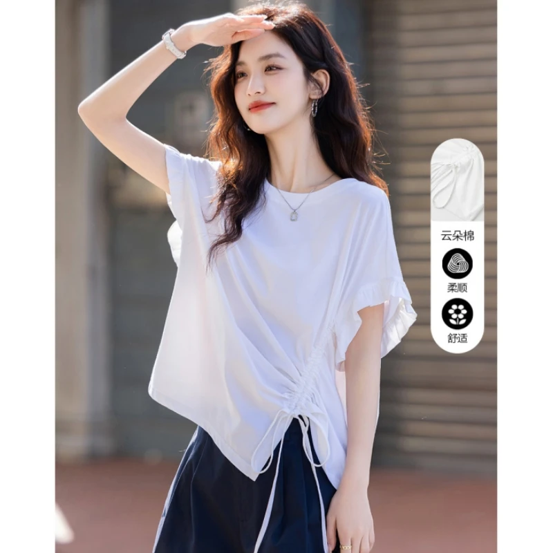 SS640夏季设计感侧边抽绳抽褶打底衫舒适棉氨宽松女t恤
