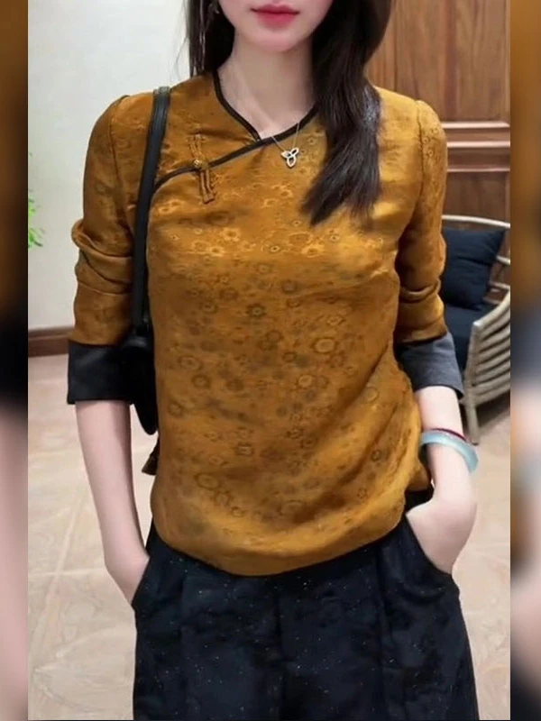 新中式复古风圆领斜襟衬衫女2025年秋季新款气质时尚高级感上衣女