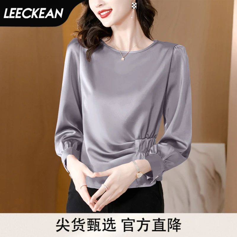 黎客缎面衬衫女高级感长袖衬衣中年妈妈短款洋气卡腰小衫打底上衣