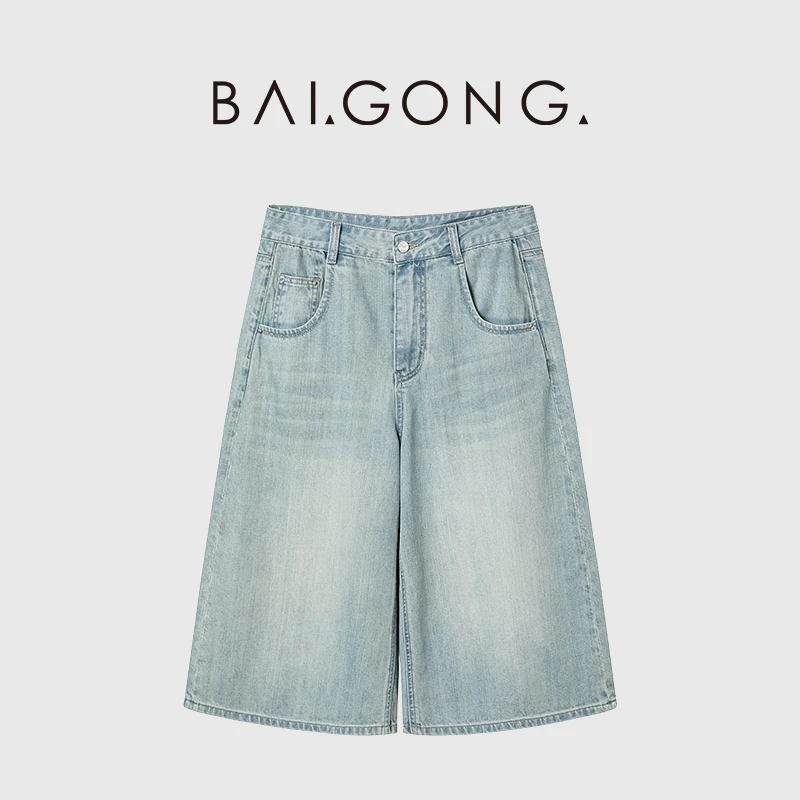 白弓BAIGONG/2025新款水洗做旧浅色直筒猫须牛仔七分裤55277X