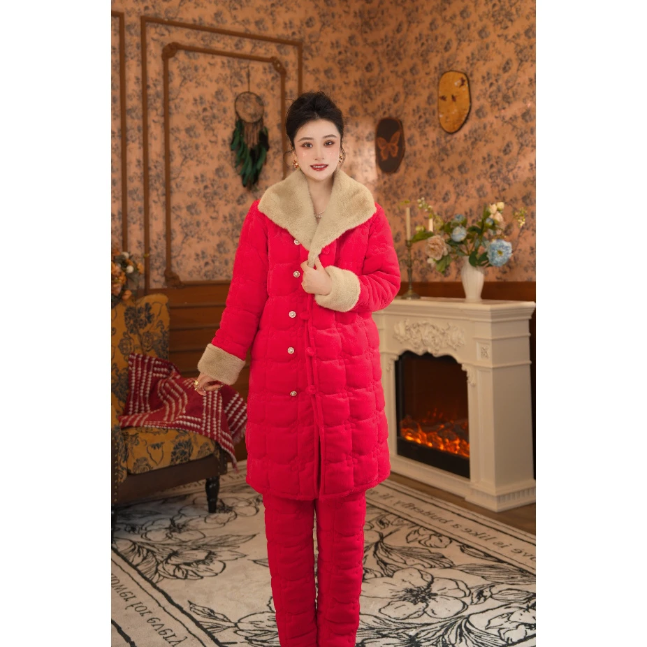 【恭喜发财●长款】【亭子】女士家居服长袖睡衣女秋冬套装加厚保暖