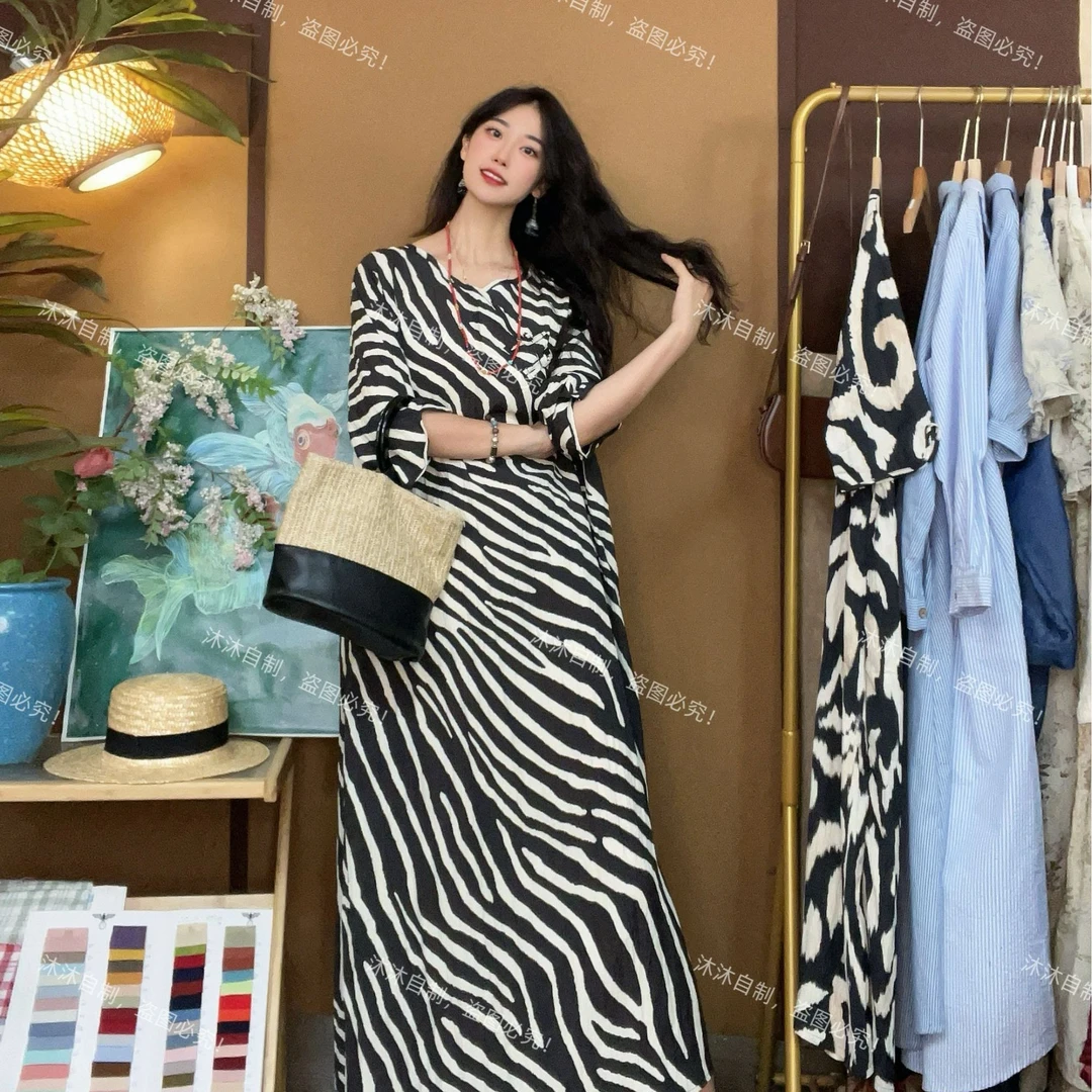 【沐沐自制】34（净色）抽象纹路 条纹树叶 泡泡袖宽松连衣裙