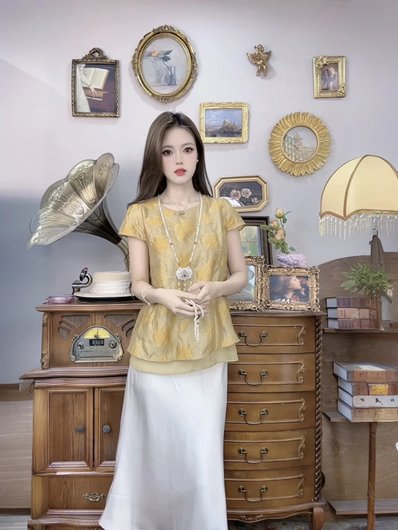【630】2025新款夏季宽松设计感复古黄色圆领刺绣假两件上衣衬衫女