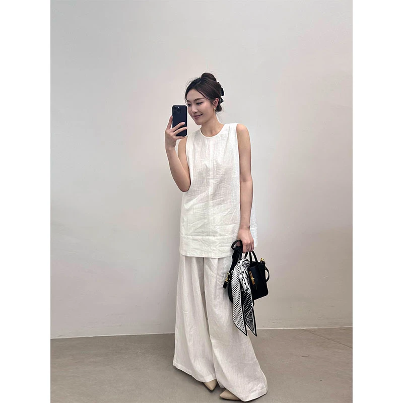 夏季新款修身显瘦气质时尚高级设计感无袖上衣休闲简约宽松长裤女