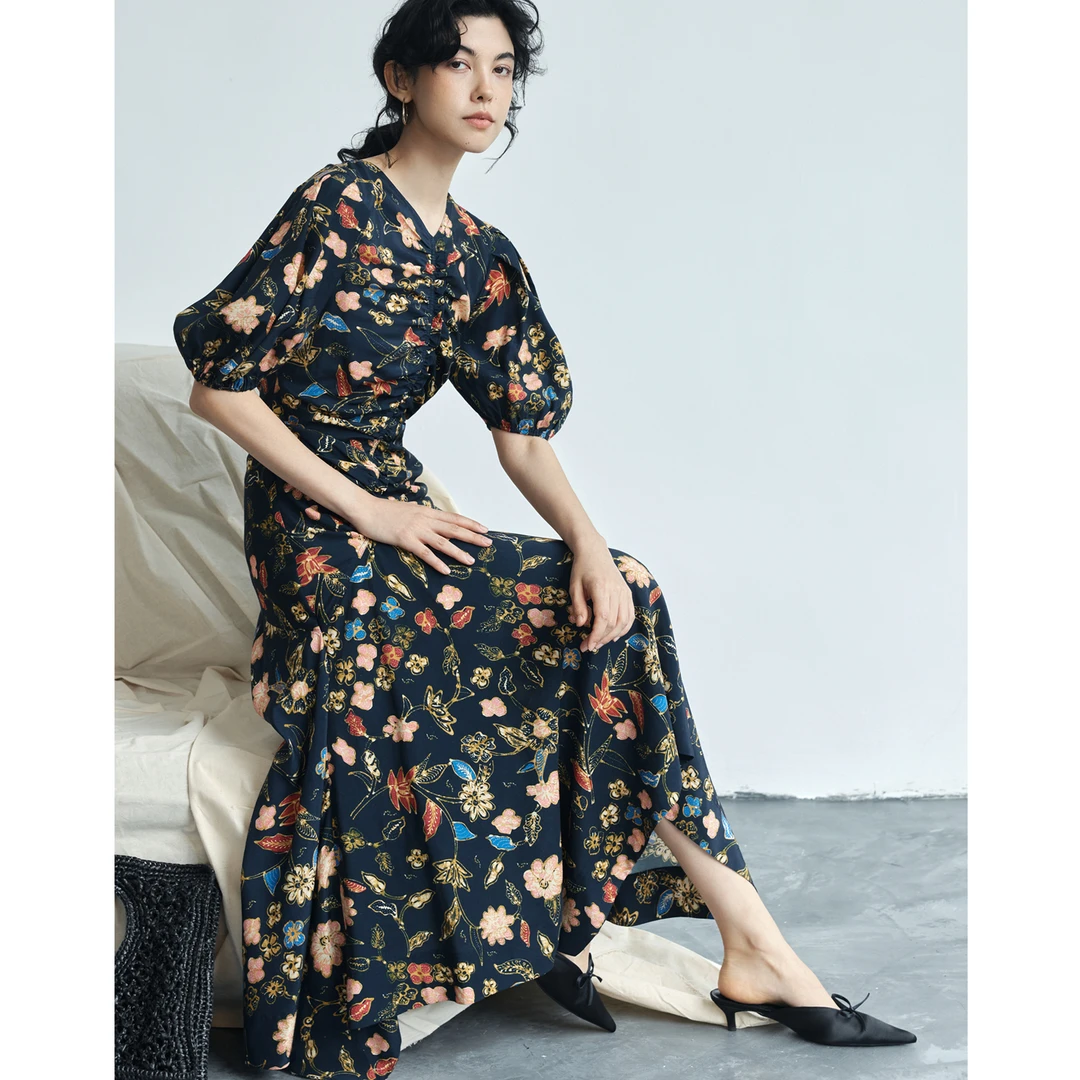 Z老板 繁花点点 印花连衣裙女夏季小众设计气质修身褶皱大摆长裙