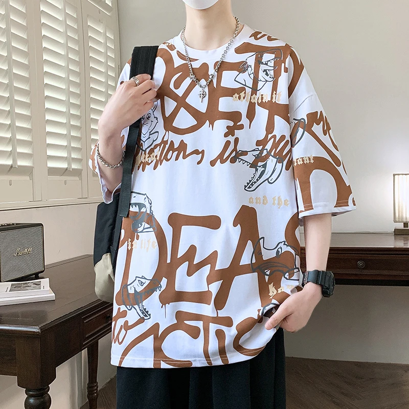 2025年夏季新款潮流印花重磅圆领短袖男青少年休闲时尚宽松百搭t