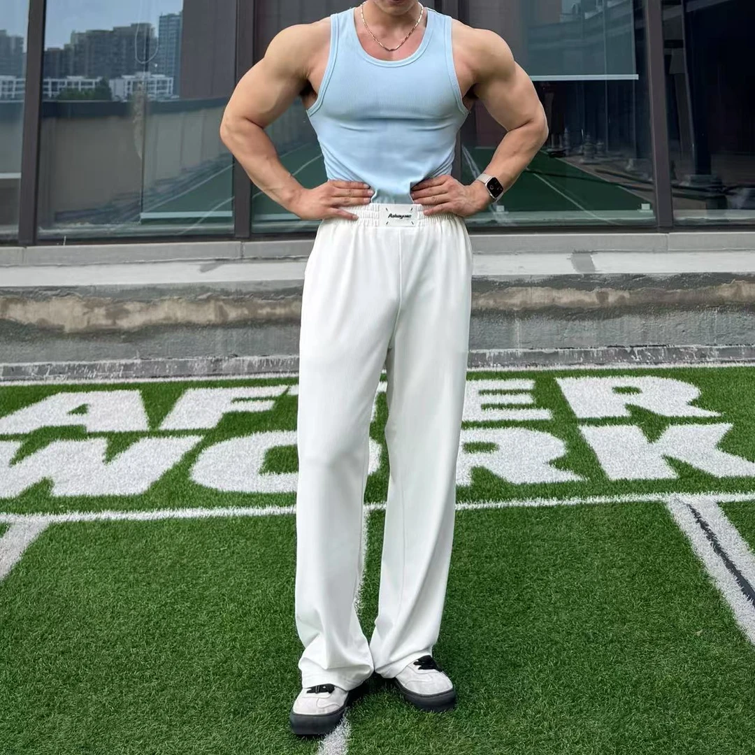 质感坑条纯色肌理微弹力中腰长裤垂感直筒松紧腰休闲裤运动夏季