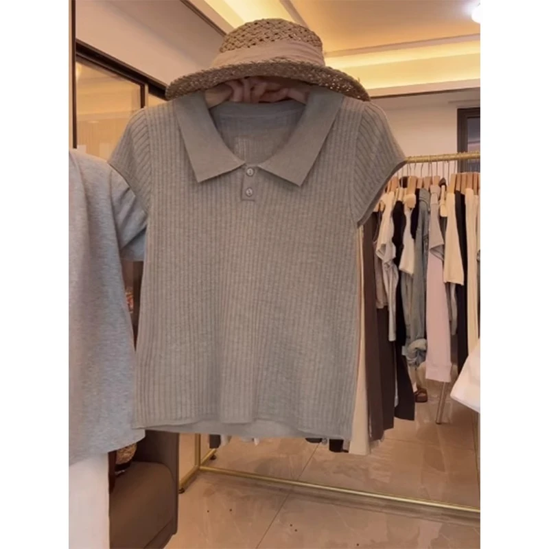 简约polo领冰丝短袖针织衫夏季新款时尚韩版显瘦百搭短款T恤小衫
