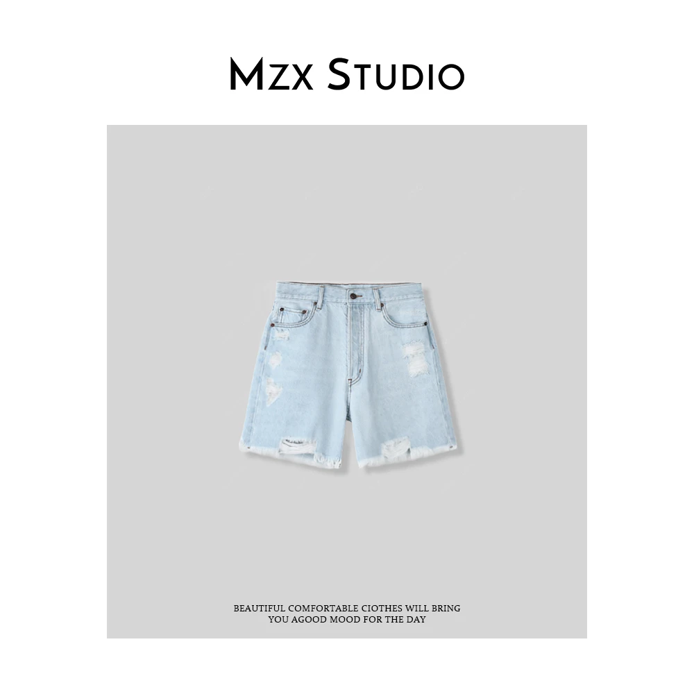 MZX 夏季设计感破洞毛边牛仔裤短裤KZ8207-F