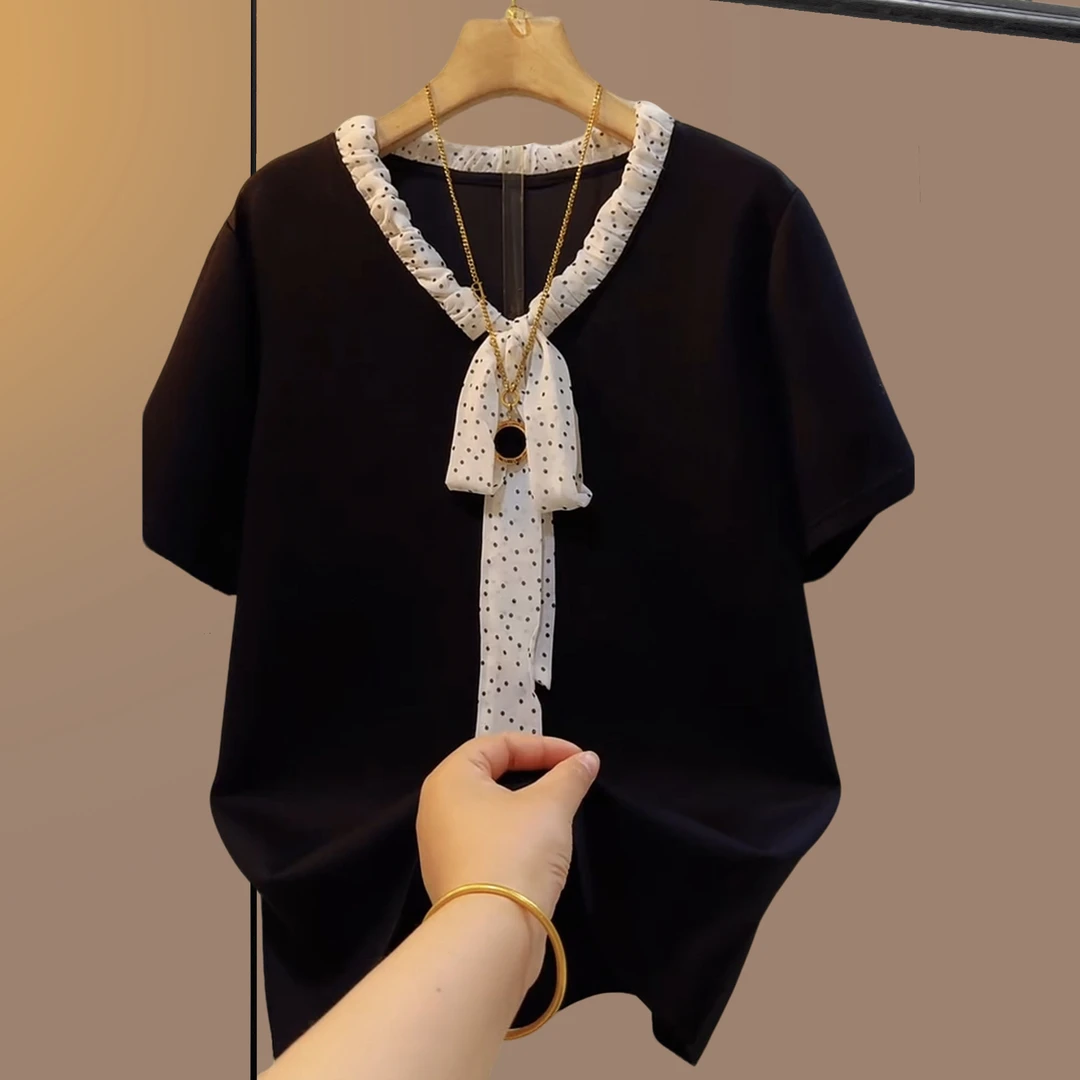 夏季大码女装胖妹妹遮肉显瘦宽松V领洋气短袖半袖黑色小衫休闲