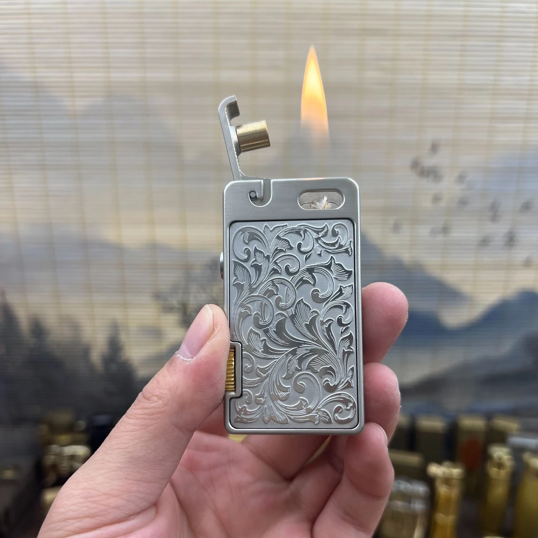 首领艾斯普里弹射机煤油打火机一键弹射砂轮点火碳纤维白钢唐草花