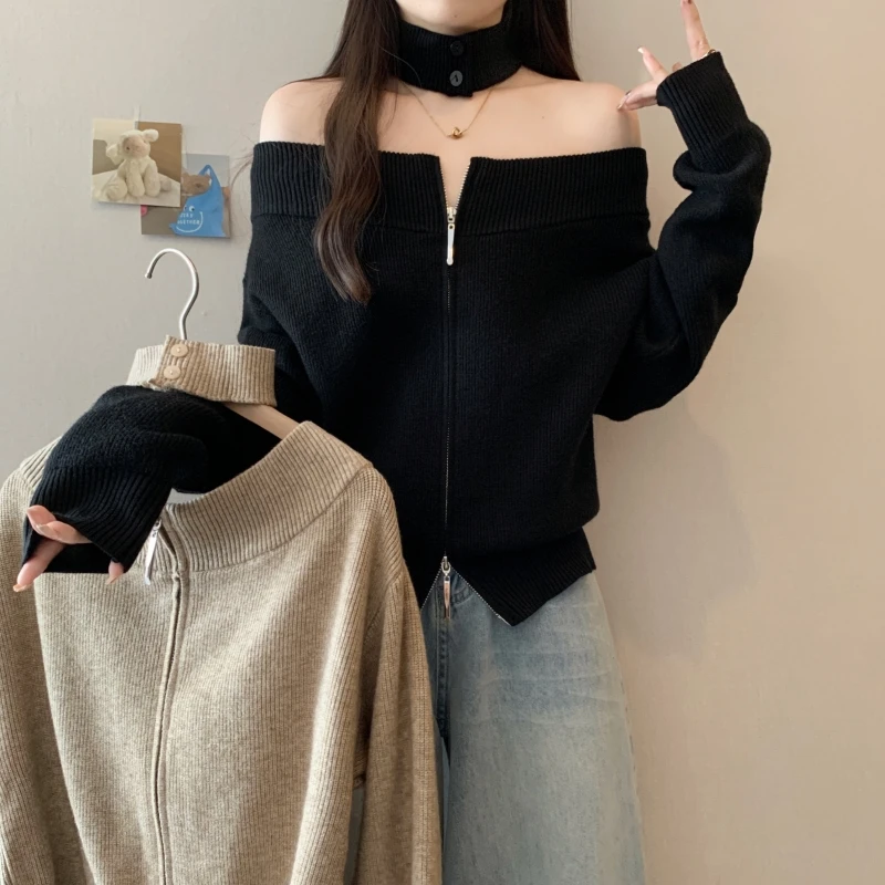 大码女装胖mm秋冬设计感一字领露肩毛衣显瘦软糯拉链针织上衣