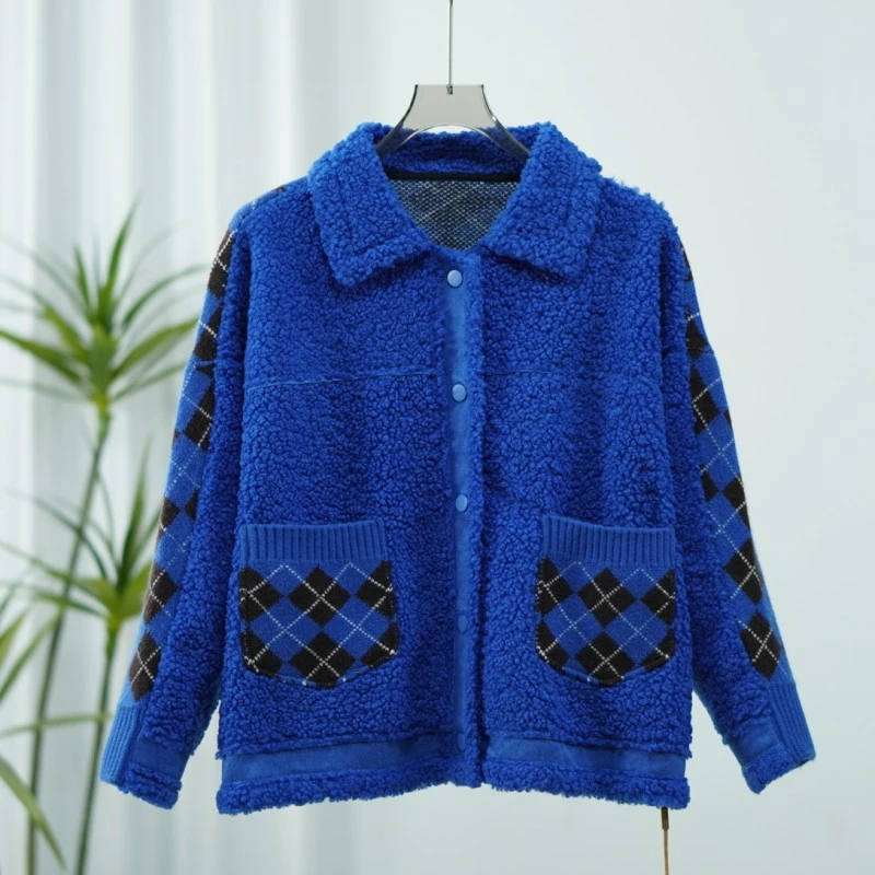 【诗M】O-461-1  女装秋冬羔毛拼接毛织外套蓝色2558298