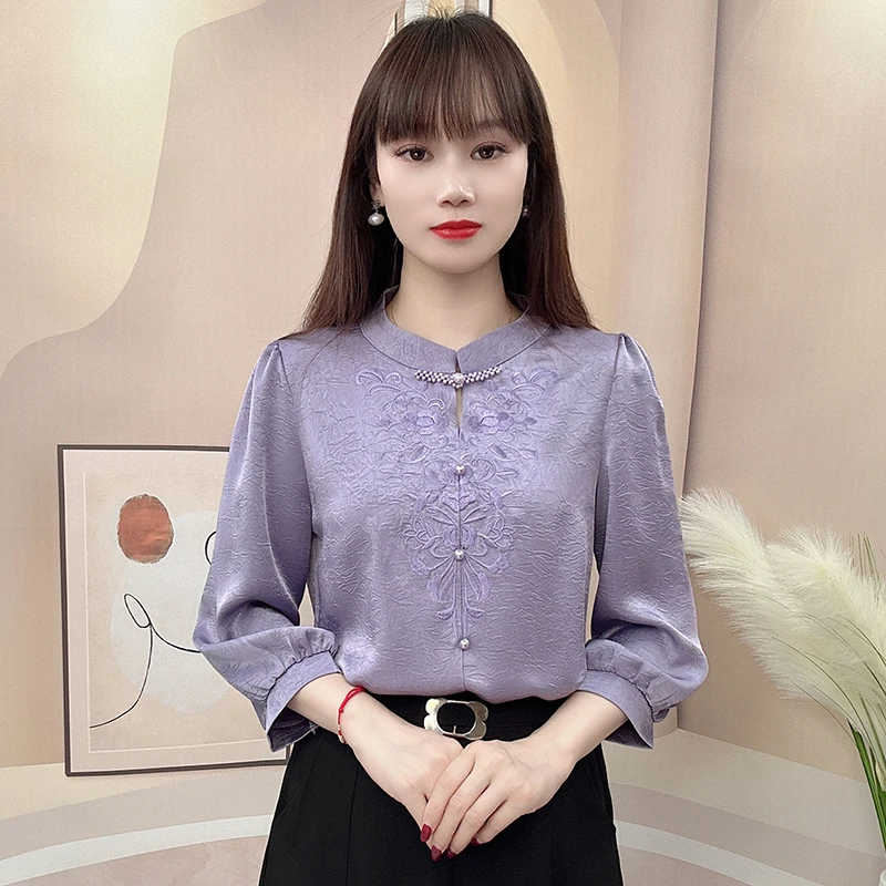 时尚圆领刺绣七分袖衬衫女2025春新款高级感百搭显瘦小衫减龄气质