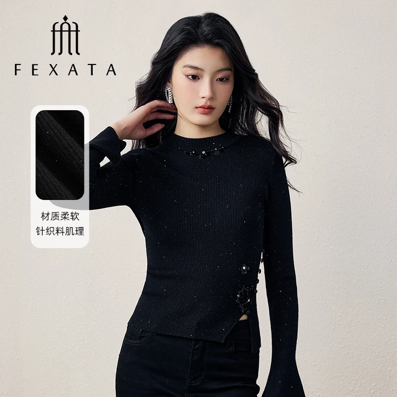 【老板娘夏天】FEXATA斐格思高级感喇叭袖设计感珠片黑色毛针织衫女