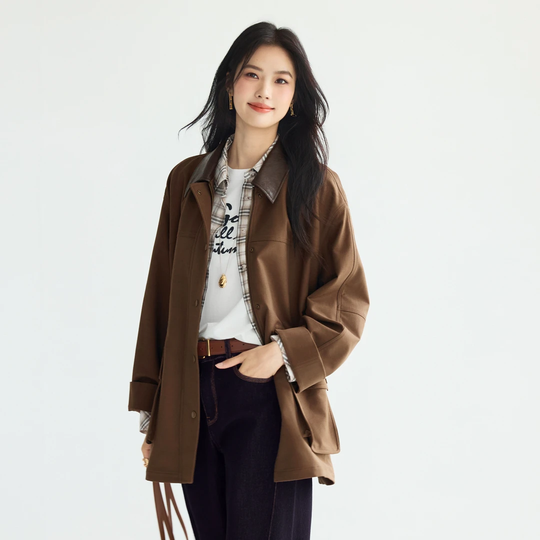 伊芙丽大口袋金属扣撞色风衣女2025秋季新款1G8911061