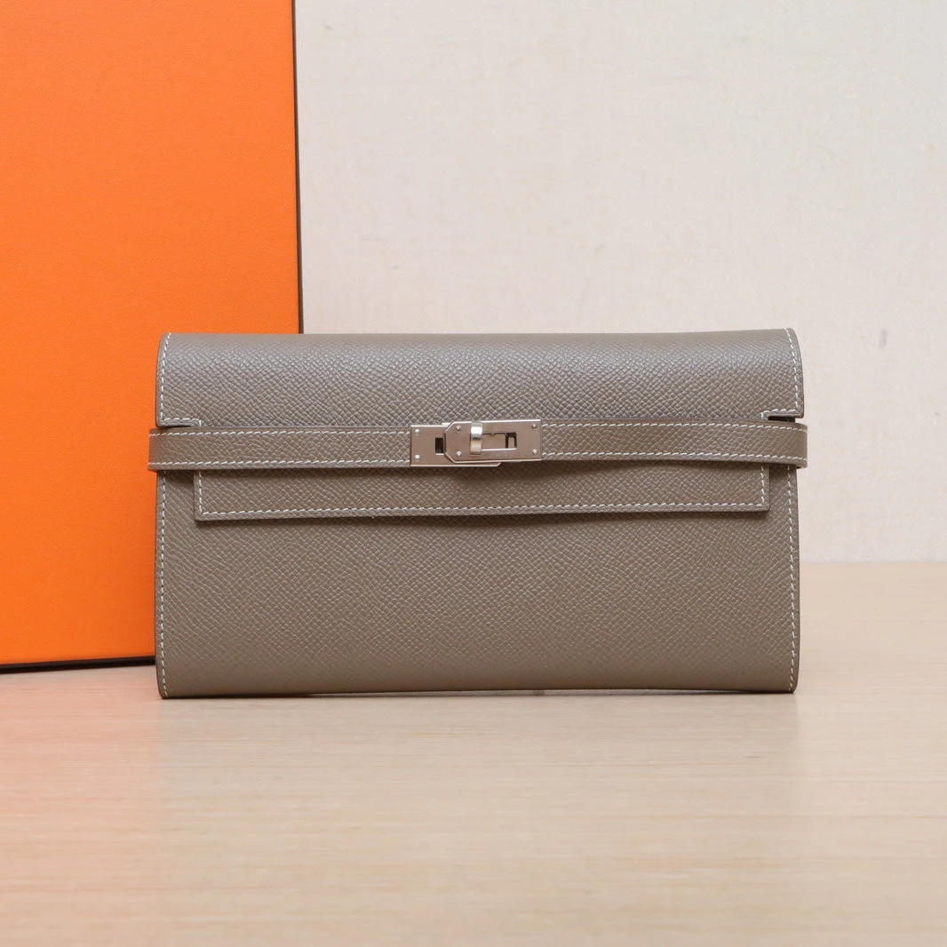 95新 Hermes/爱马仕 【黑黑】Kelly 长款钱包 18大象灰 A刻 银扣