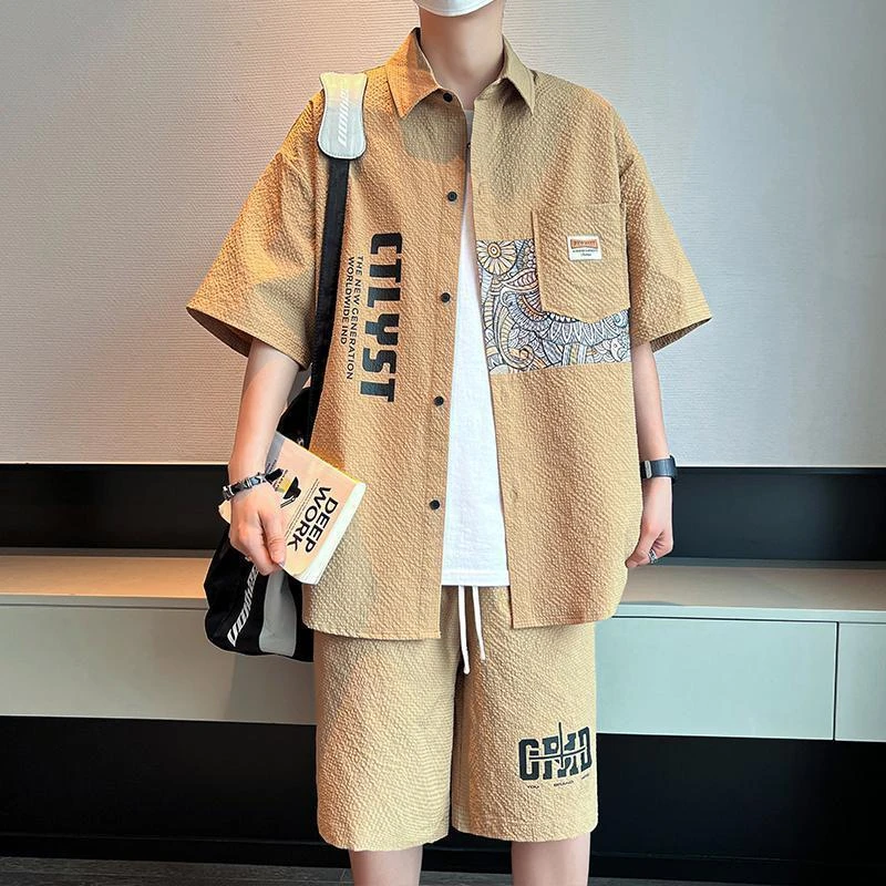 夏季短袖衬衣套装男翻领衬衫短裤套装潮流宽松加肥加大码休闲套装