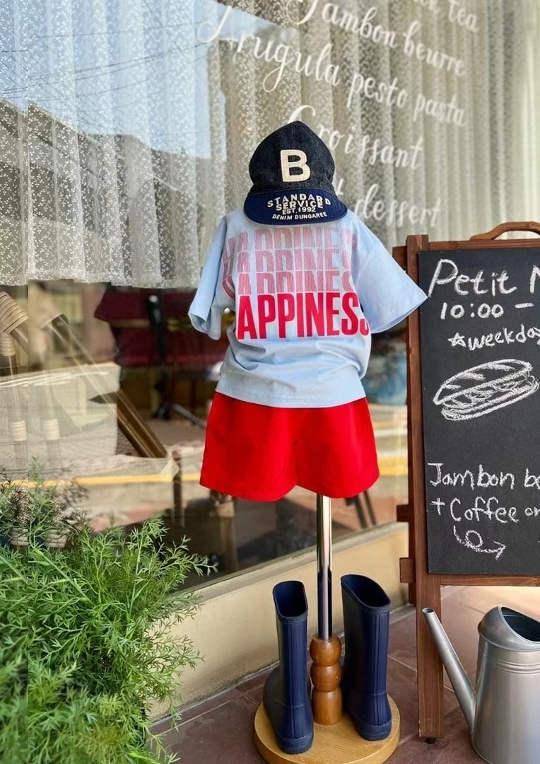 韩国星宝家2025夏中大童男女童字母舒适T恤套装