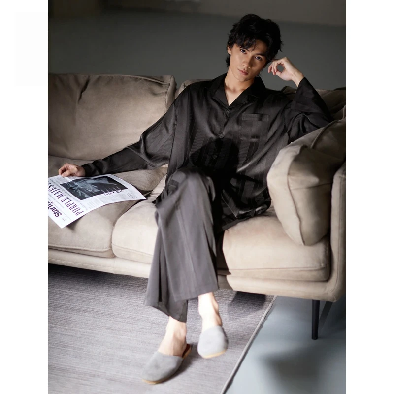 维多利亚真丝睡衣男士春秋款长袖薄款高级感桑蚕丝夏季家居服男款