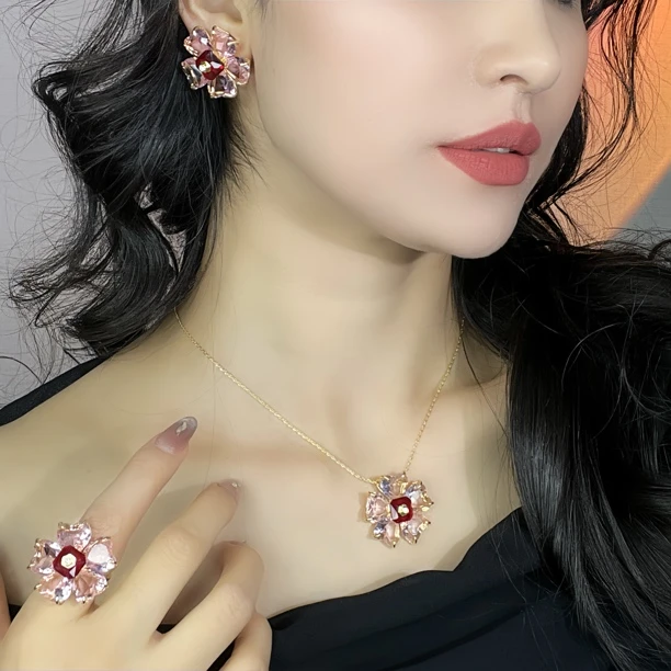 铜合成锆石项链 Xyuer谢雨儿高级感定制款立体水小晶首饰套装