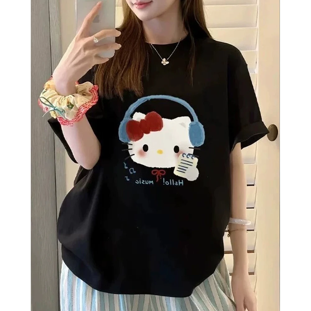黑色HelloKitty猫纯棉卡通短袖T恤女夏新款爆款宽松休闲半袖上衣