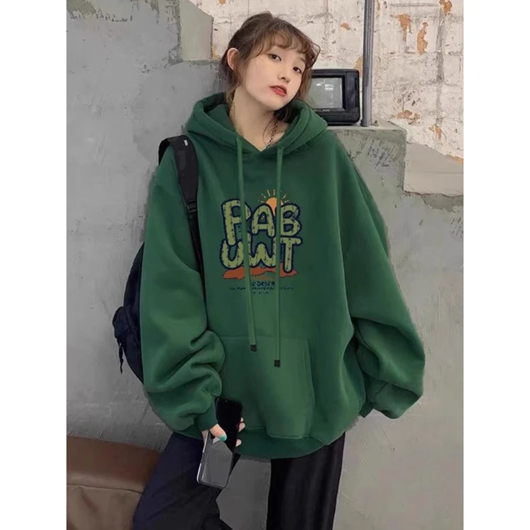 2-300斤加大码复古港风休闲墨绿色连帽卫衣男女秋冬宽松显瘦上衣