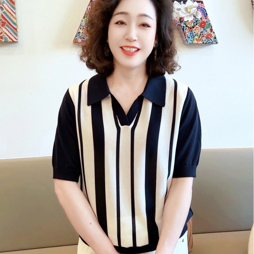【清凉+透气】新款条纹短袖（2516）夏季宽松微胖翻领大码女装时尚