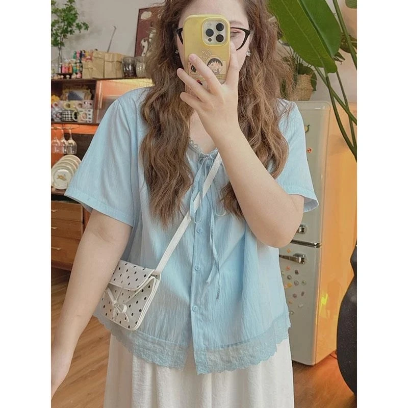 大码短袖衬衫女2025夏季新款花边抽绳设计感V领百搭显瘦上衣-6991