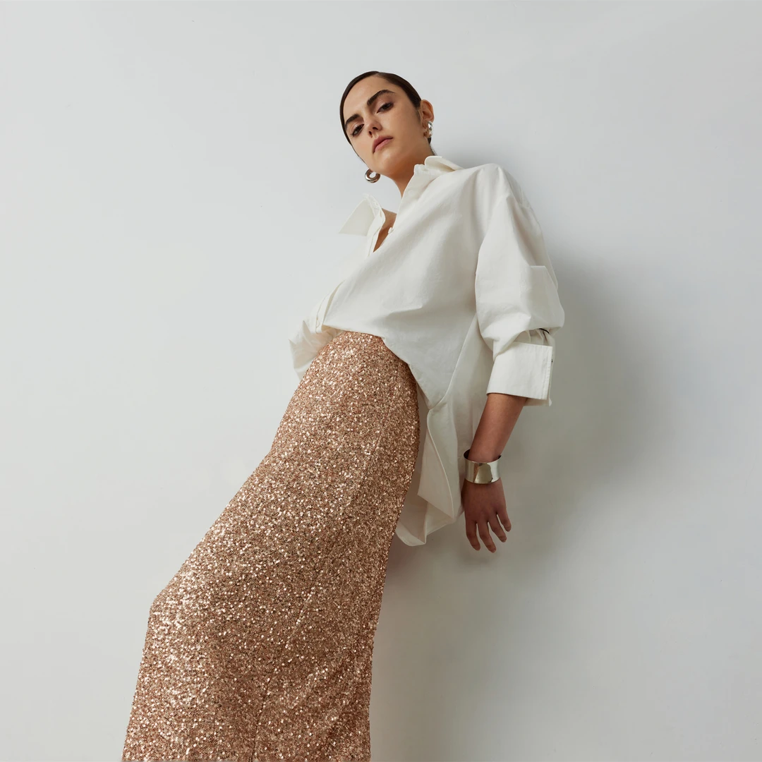 LYNEE重工亮片直身长款高腰白色半身裙气质女士春夏女LGD2ESW140