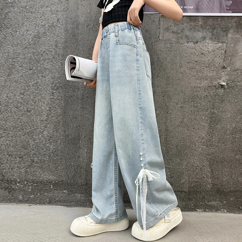 女童蝴蝶结蕾丝流苏直筒裤夏季轻薄款中大童甜美洋气女孩阔腿长裤