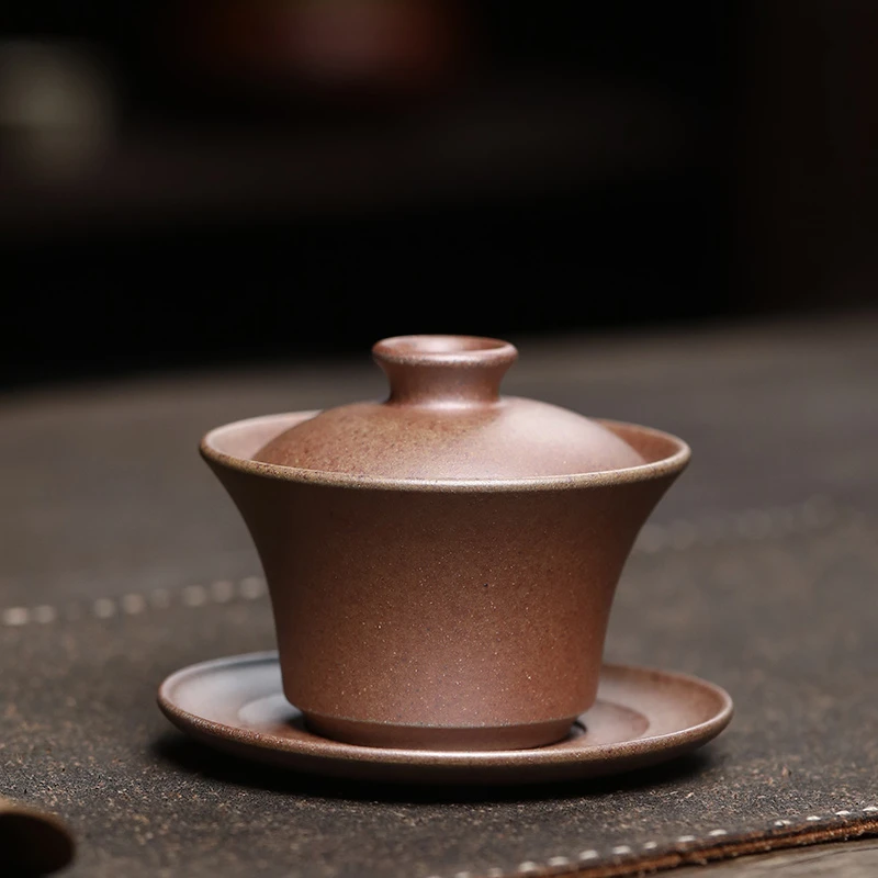 大吉羊柴烧 宜兴紫砂茶碗 原矿本山绿泥 三才盖碗100ml